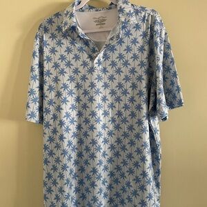 Straight Down Blue Palm-Print Short Sleeve Polo